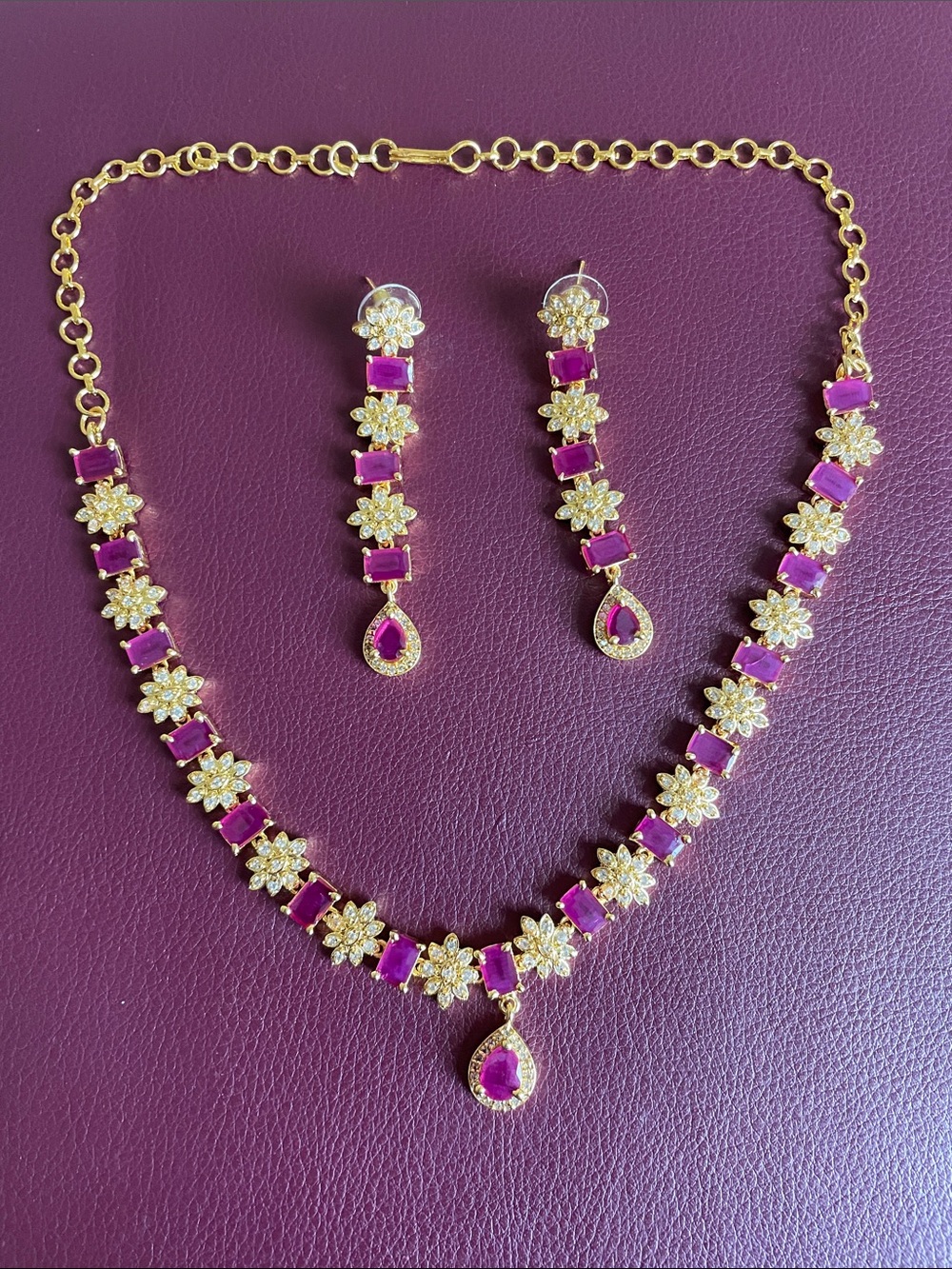 Gold Floral Necklace and Drop Earring Set — Purple Stones